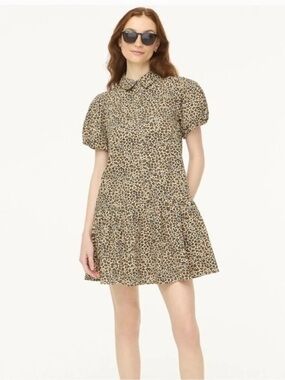 J. Crew Leopard-Print Puff-Sleeve Mini Dress - Beige & Black